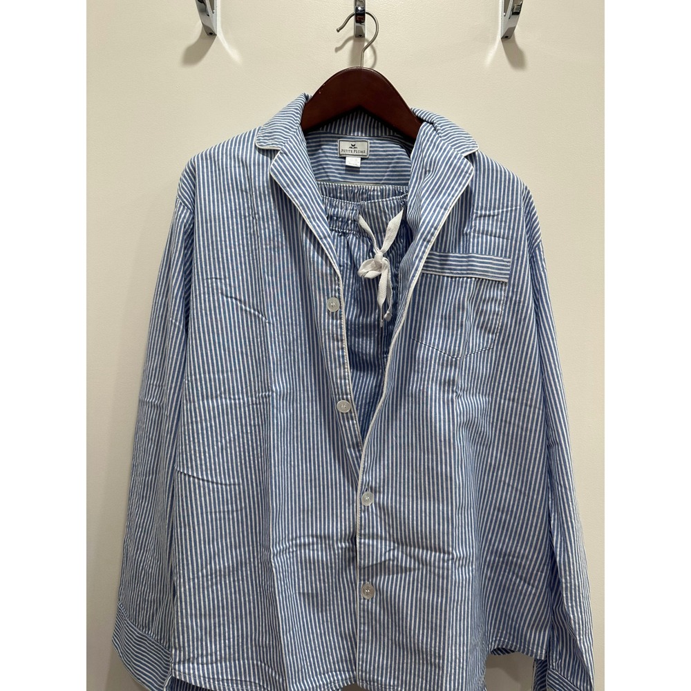 Petite Plume Mens Pajama Set Blue White Ticking Stripe Cotton Sleepwear XL